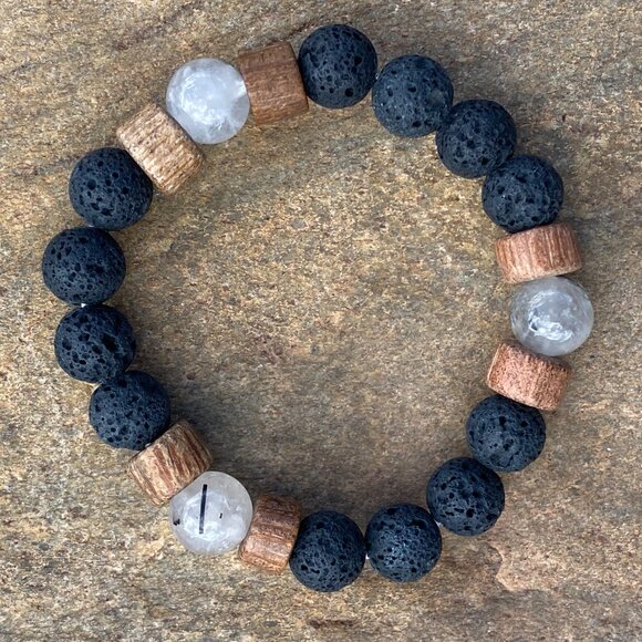 Wanderer and Gatherer Bracelet - Tourmalined Quartz, Bamboo, and Lava SM/SM-MED - Picture 5 of 5